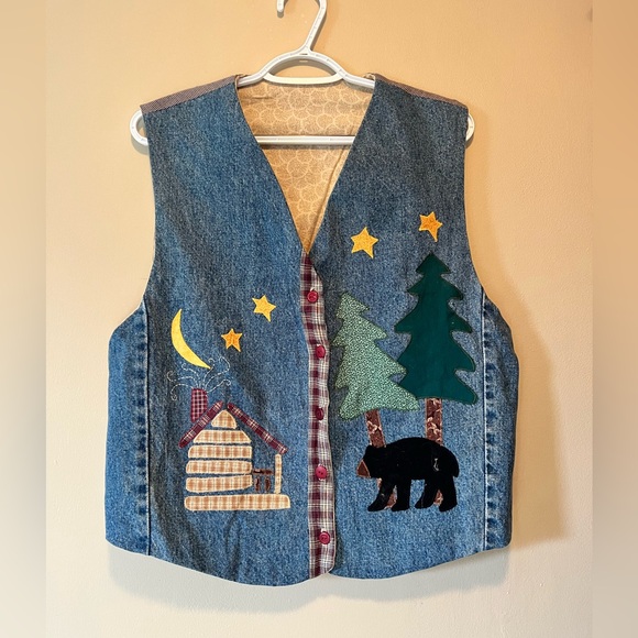 Artisan made denim vest with wilderness appliqué. Gingham tweed look to back. - Picture 1 of 5